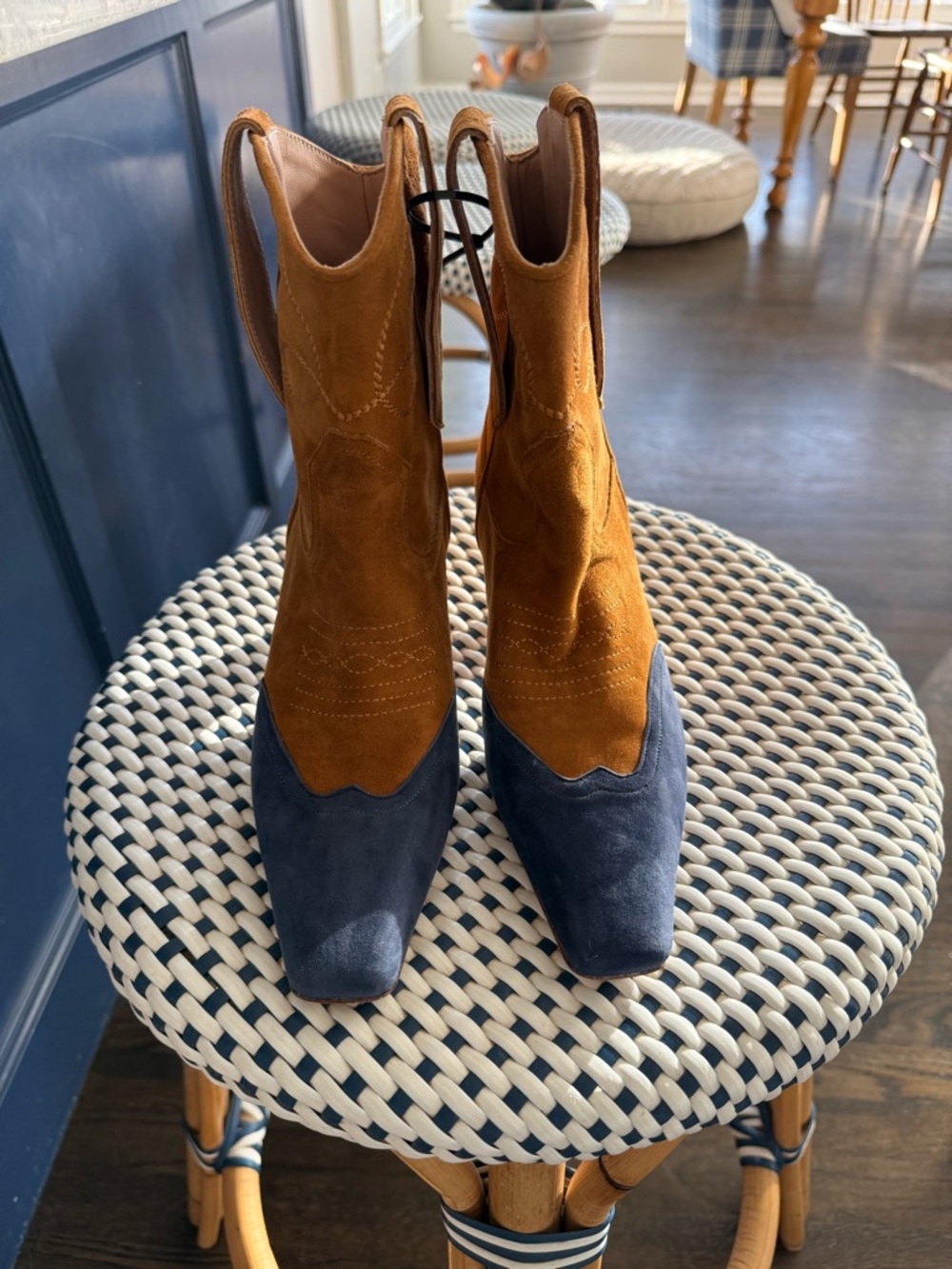 KHAITE Tan Suede Boots with Navy Detail - Picture 2 of 6